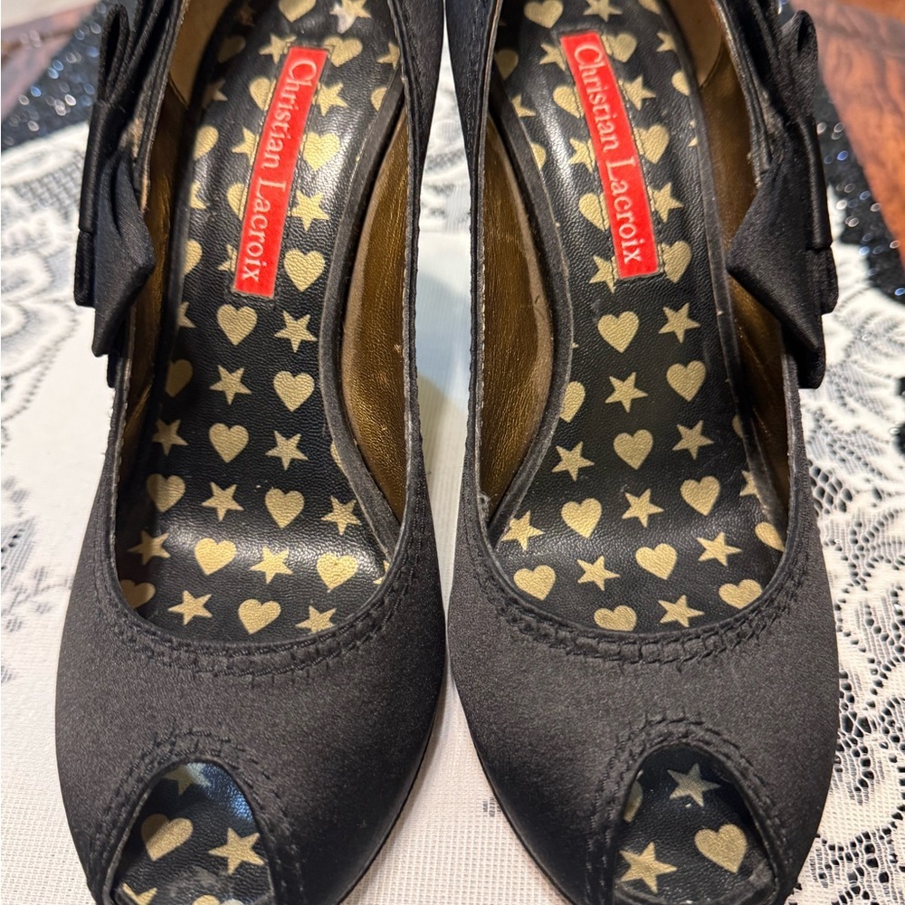 Christian Lacroix Black Satin Peep-Toe Heels with Gold Star & Heart Insole